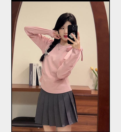 Bow Strap Long-sleeved Korean Style Chic Autumn and Winter New Top Sweet Pure Style Tight Waist Slim Fit Pleated Top