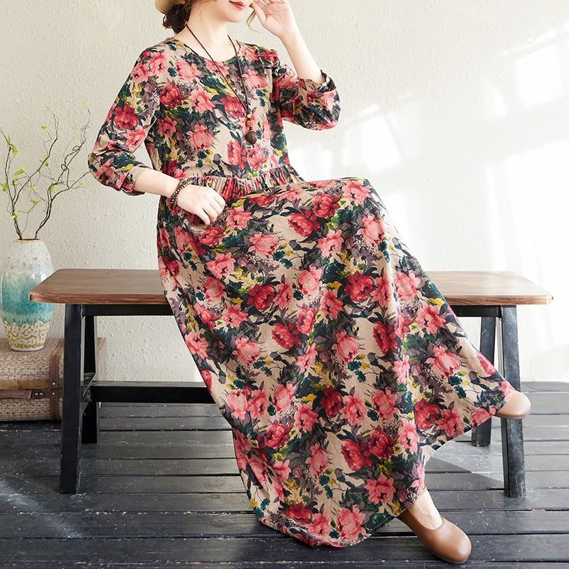 2025 Early Spring New Style Color Holiday Style Travel Crewneck Long Sleeve Retro Long Dress Women's Mat Covering Cotton and Linen dress