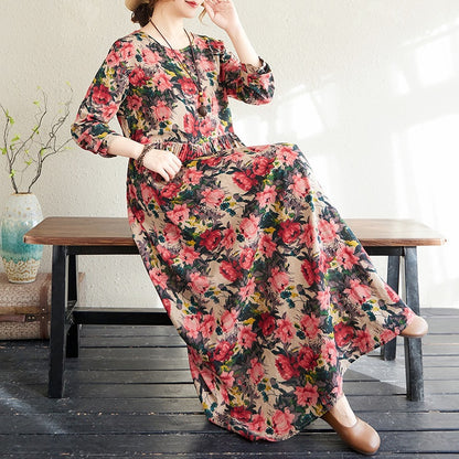 2025 Early Spring New Style Color Holiday Style Travel Crewneck Long Sleeve Retro Long Dress Women's Mat Covering Cotton and Linen dress