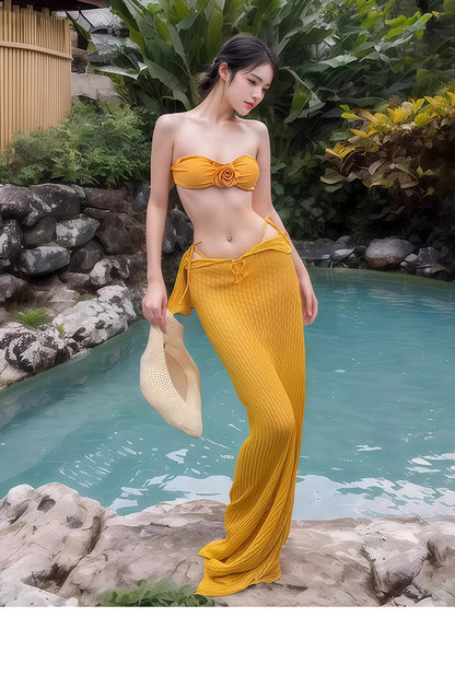 Bikini Swimsuit Women's 2025 New Thai Beautiful Yellow Split Three-piece Sexy Long Dress Island Holiday Style