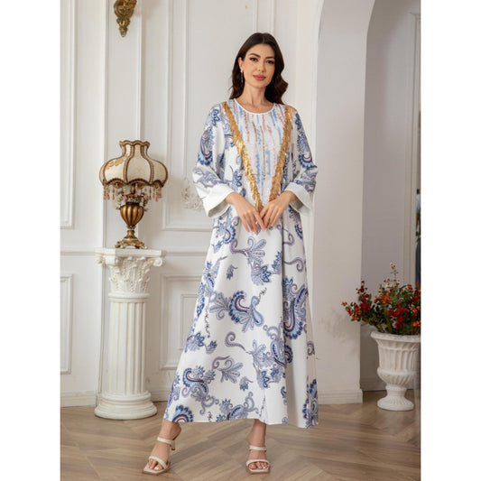 Sw0821 Amazon Women's Printed Robe Evening Dress European and American Cross-Border Dress Wholesale Long