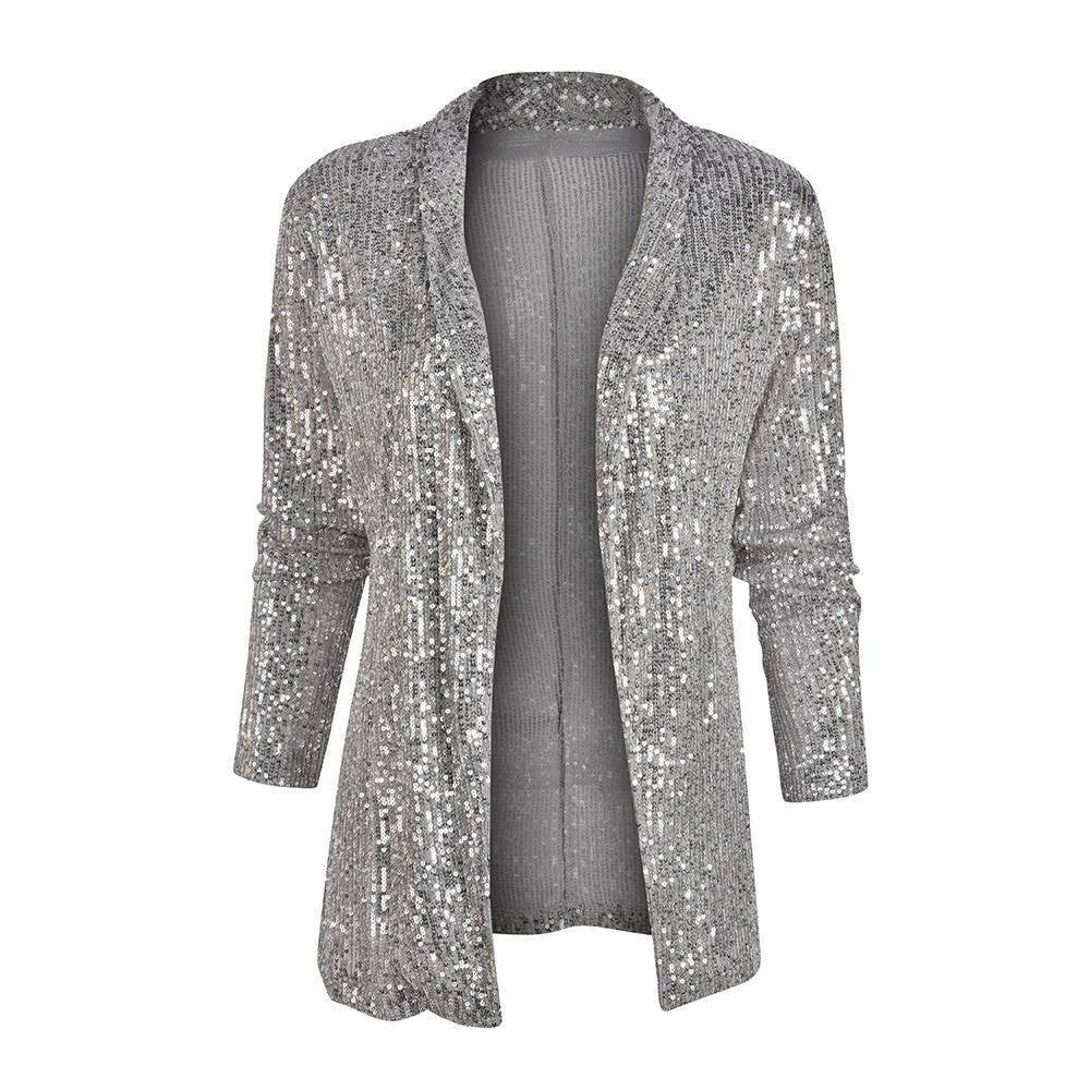 Cross-Border New European and American Amazon Sequined Long-Sleeved Elegant Mid-Length Small Suit Lapel Pure Color Jacket for Women