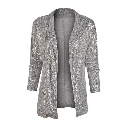 Cross-Border New European and American Amazon Sequined Long-Sleeved Elegant Mid-Length Small Suit Lapel Pure Color Jacket for Women