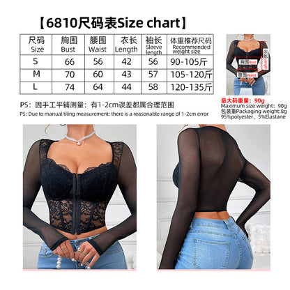 European and American Style Sexy Lace Mesh Square Collar Long-Sleeved T-Shirt Women's Hot Girl Stretch Slim-Fit Slimming Short Top