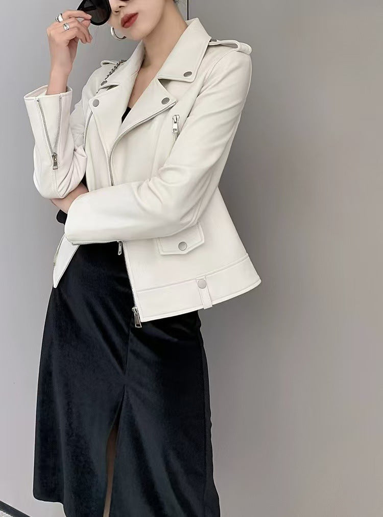 2025 Spring and Autumn New Korean Style Short Women's Pu Women's Large Size Leather Jacket Slim Motorcycle Jacket Small Leather Jacket