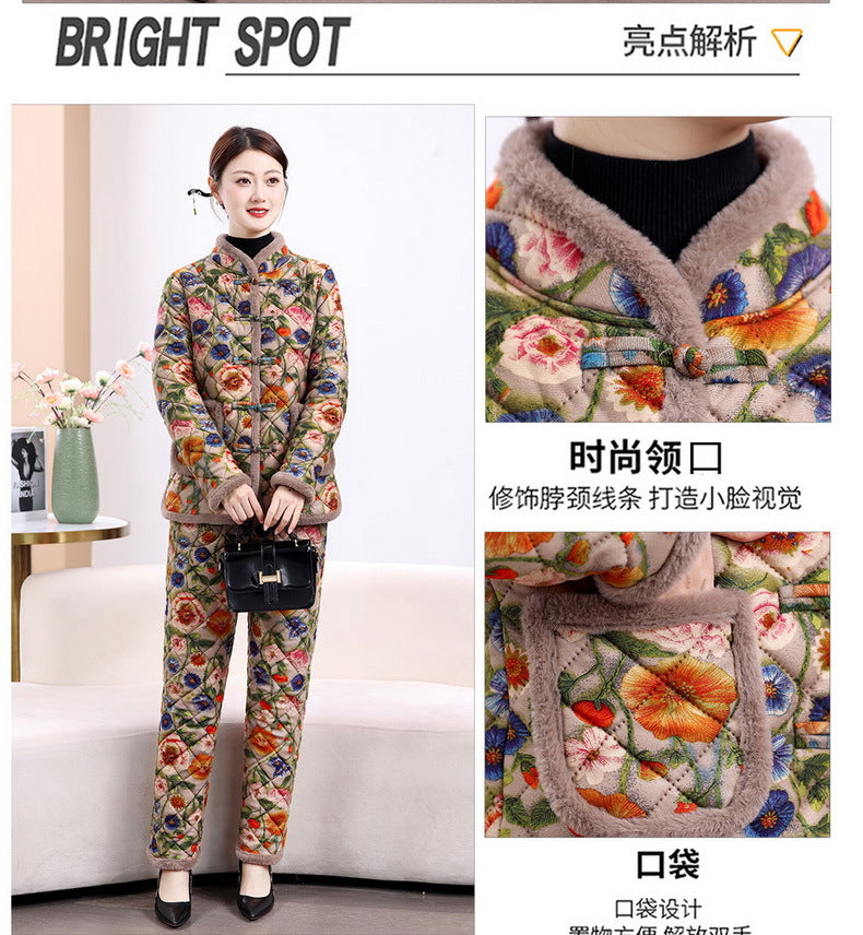 Chinese Style Mother's Winter New fleece-lined Thickened Cotton-padded Coat suit Middle-aged Women's Cotton-padded Clothes Cotton Pants Warm Two-piece Set