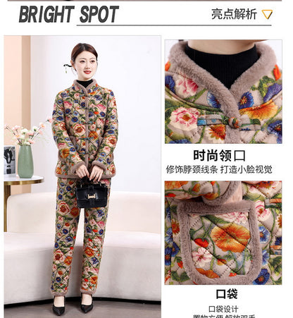 Chinese Style Mother's Winter New fleece-lined Thickened Cotton-padded Coat suit Middle-aged Women's Cotton-padded Clothes Cotton Pants Warm Two-piece Set