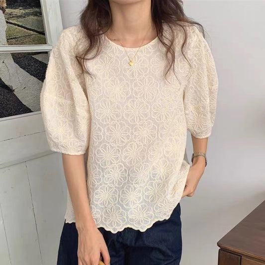 Korean style chic puff sleeve top for women new design sense niche chic heavy embroidery flower loose shirt