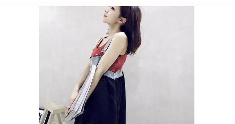 2024 Summer New Korean Style plus size Loose Fashionable Casual Denim Stitching Chiffon Strap Denim dress Women