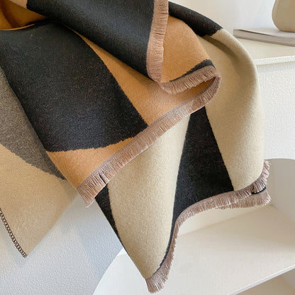 Contrast color asymmetric niche cashmere scarf women's autumn and winter high-grade thickened warm outer shawl new scarf