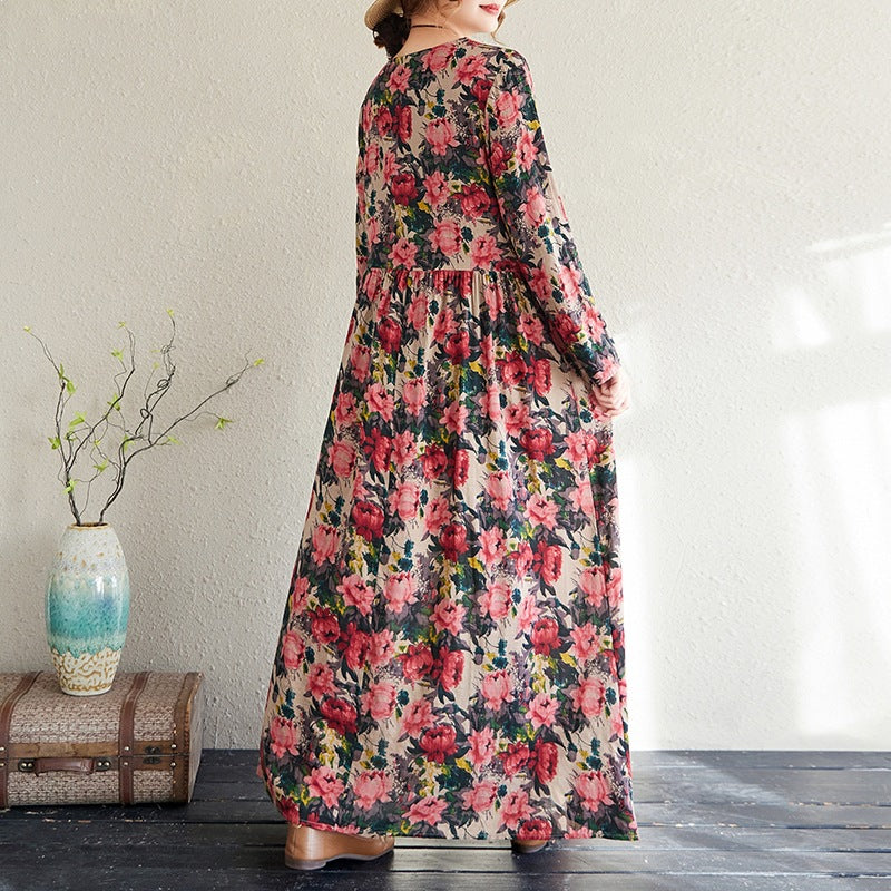 2025 Early Spring New Style Color Holiday Style Travel Crewneck Long Sleeve Retro Long Dress Women's Mat Covering Cotton and Linen dress