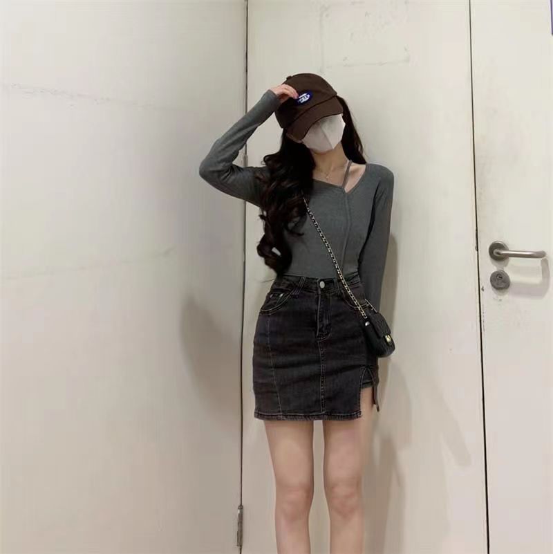 American Style Design Irregular Long-sleeved T-shirt Women's 2024 Spring and Autumn New Slim-fit Slimming Temperament Base Top
