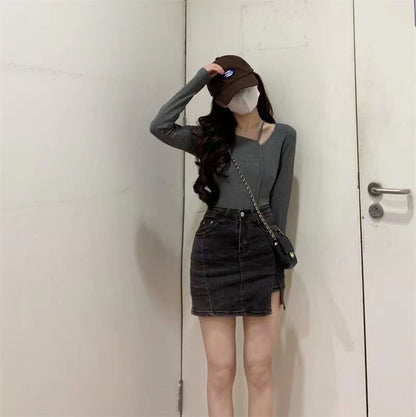 American Style Design Irregular Long-sleeved T-shirt Women's 2024 Spring and Autumn New Slim-fit Slimming Temperament Base Top