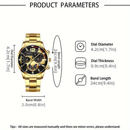 Men's 4-piece Luxury Stainless Steel Quartz Watch with Calendar Gold Cross Necklace Bracelet and Ring