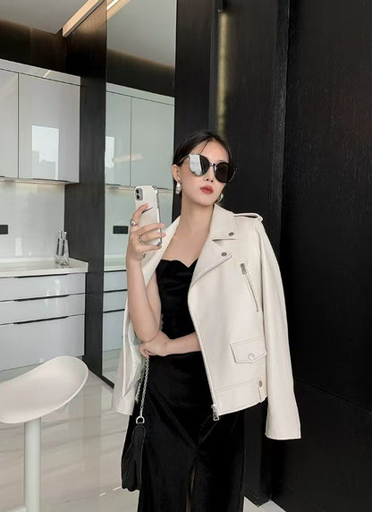 2025 Spring and Autumn New Korean Style Short Women's Pu Women's Large Size Leather Jacket Slim Motorcycle Jacket Small Leather Jacket
