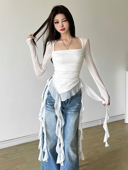 Irregular Ruffled Strap Shoulder T-shirt Women's Early Autumn Niche Design Sense Slim-fit Slimming Hot Girl Sexy Top
