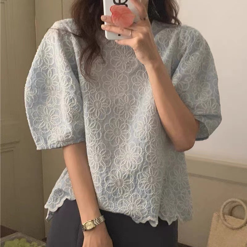Korean style chic puff sleeve top for women new design sense niche chic heavy embroidery flower loose shirt