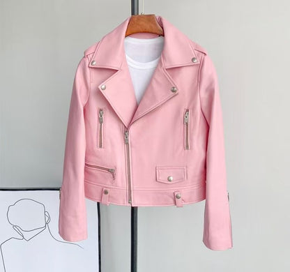 2025 Spring and Autumn New Korean Style Short Women's Pu Women's Large Size Leather Jacket Slim Motorcycle Jacket Small Leather Jacket