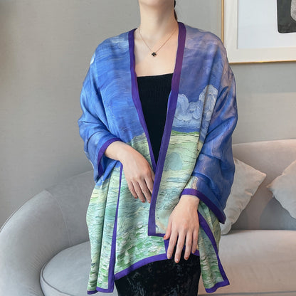 Van Gogh Monet oil painting double-sided double-layer silk scarf women's long 180x70 new silk satin popular fashion scarf shawl New