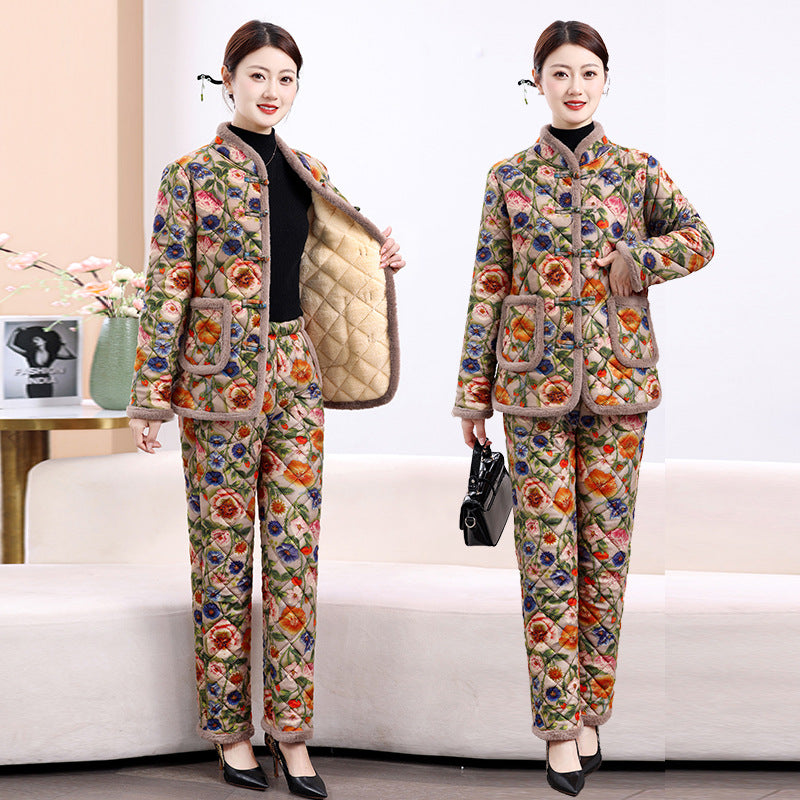 Chinese Style Mother's Winter New fleece-lined Thickened Cotton-padded Coat suit Middle-aged Women's Cotton-padded Clothes Cotton Pants Warm Two-piece Set