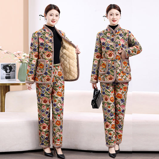 Chinese Style Mother's Winter New fleece-lined Thickened Cotton-padded Coat suit Middle-aged Women's Cotton-padded Clothes Cotton Pants Warm Two-piece Set