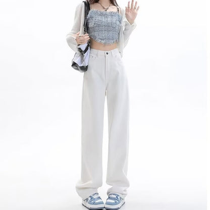 khaki Straight Leg Jeans Women's Trendy All-match New Arrival Loose High Waist Slimming Narrow Version Dosing Wide Leg Long Pants