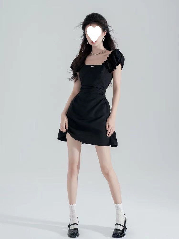 Black Waist-Cinching Slimming Square-Neck Dress for Women 2026 New Summer French Hepburn Style Elegant A-Line Short Skirt