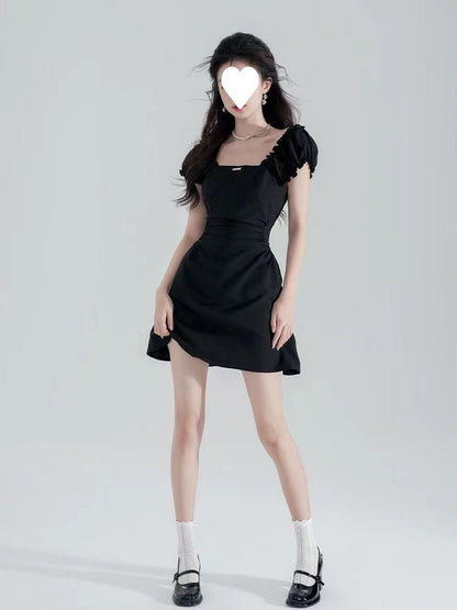 Black Waist-Cinching Slimming Square-Neck Dress for Women 2026 New Summer French Hepburn Style Elegant A-Line Short Skirt