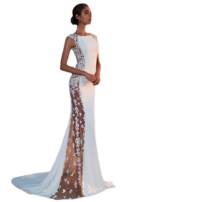 Cross-border European and American Evening Dress Lace Stitching Super Long Dress Vacation Sexy Hollow Female Amazon Factory