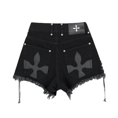 Lace-Up Raw Edge Cross Flower Picture Sweet Cool Dark Style Denim Shorts for Women Summer Outer Wear Large Size Fat mm Popular Hot Pants