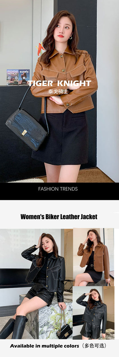 Haining Spring and Autumn New Leather Jacket Single Lined Leather Jacket Women's Short Slim Motorcycle Women's Short Leather Jacket C2707