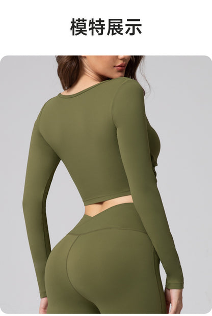 Feiyue European and American Sexy Cross Deep V Short Leaky Waist Solid Color Fitness Sports Leisure Long Sleeve Yoga Clothes Top for Women