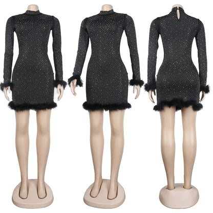 CM.YAYA Elegant Hot Rhinestones Diamonds Crystal Women Fur Hem Long Sleeve Bodycon Midi Dress Chic Party Club Even Prom Dresses