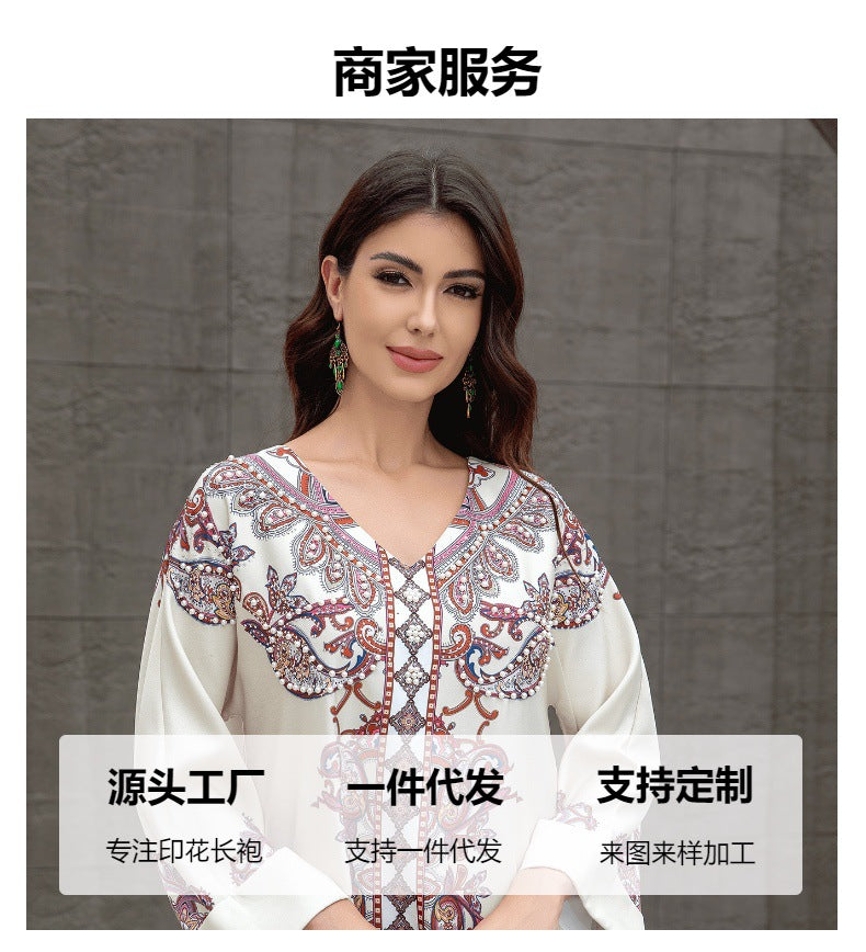 Sw0826 Middle East Cross-Border Muslim Women's Robe Elegant Printed Beaded Dress Dubai Export Abaya