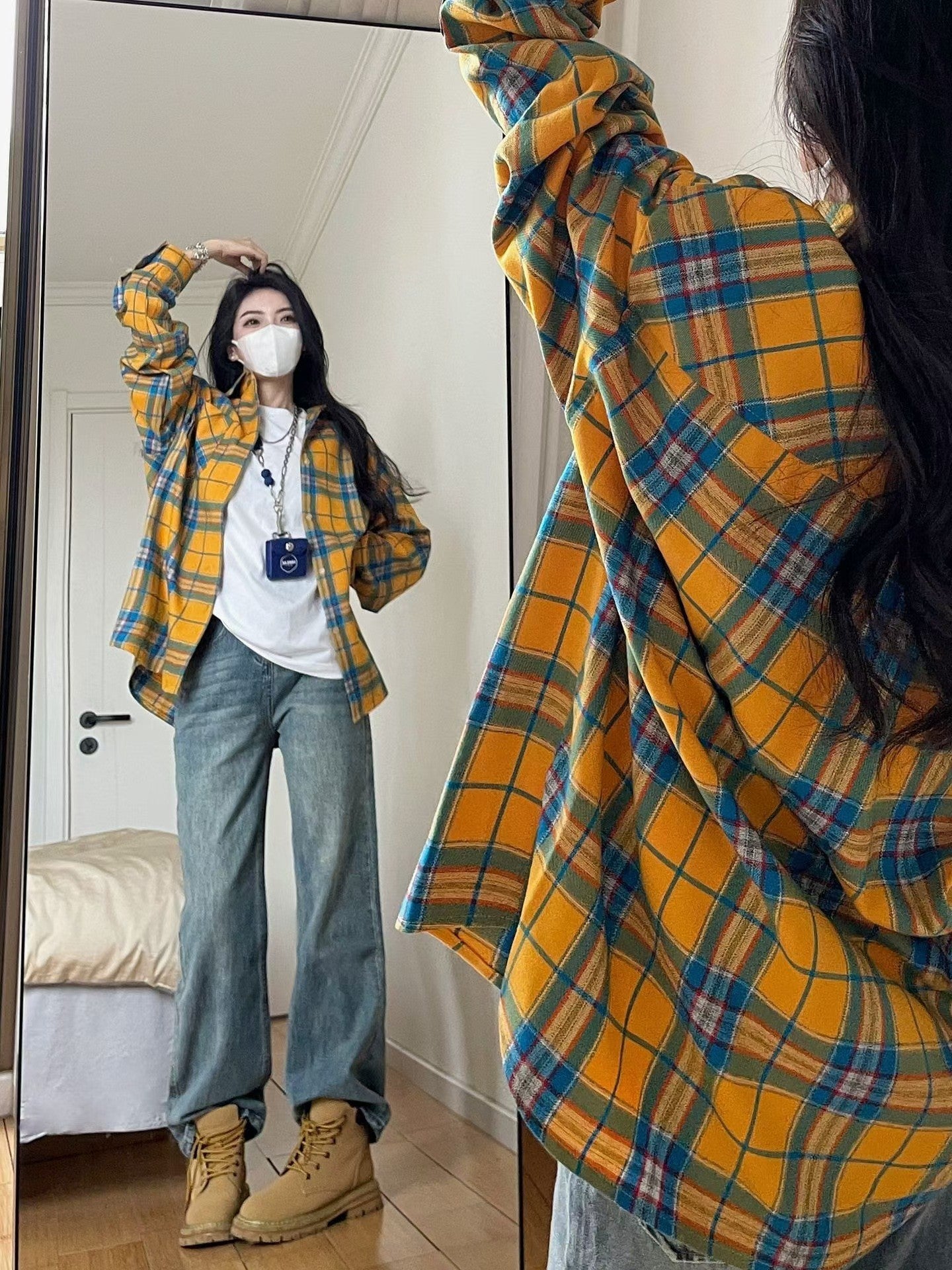 2024 Spring and Autumn Amazon OZON Cross-border Retro Style All-match Loose Shirt * Fashion All-match Plaid Shirt Women