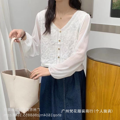Spring and Summer All-match Sunscreen Stitching Chiffon Cardigan Long-sleeved Puff-sleeved Women's Niche Top Loose Western-style Coat