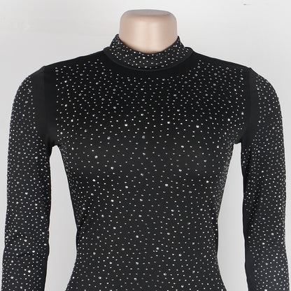 CM.YAYA Elegant Hot Rhinestones Diamonds Crystal Women Fur Hem Long Sleeve Bodycon Midi Dress Chic Party Club Even Prom Dresses