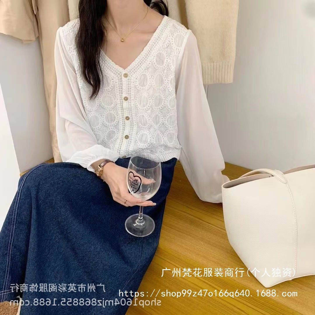 Spring and Summer All-match Sunscreen Stitching Chiffon Cardigan Long-sleeved Puff-sleeved Women's Niche Top Loose Western-style Coat