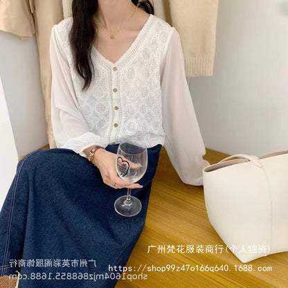 Spring and Summer All-match Sunscreen Stitching Chiffon Cardigan Long-sleeved Puff-sleeved Women's Niche Top Loose Western-style Coat