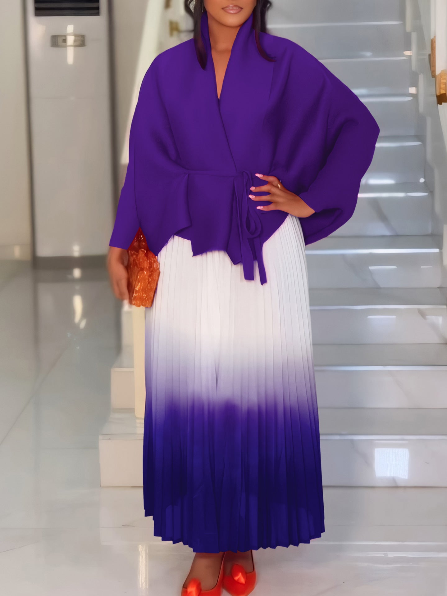 C8610 African plus size Women's Spring New Fashion Strap Bat Sleeve Top Gradient Color-changing Skirt Two-piece Set