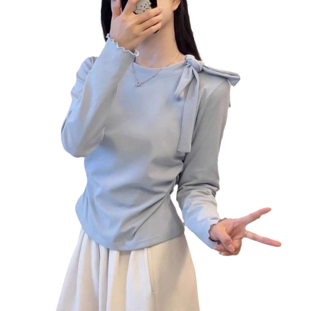 Bow Strap Long-sleeved Korean Style Chic Autumn and Winter New Top Sweet Pure Style Tight Waist Slim Fit Pleated Top