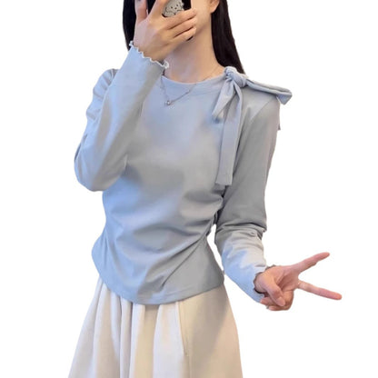 Bow Strap Long-sleeved Korean Style Chic Autumn and Winter New Top Sweet Pure Style Tight Waist Slim Fit Pleated Top