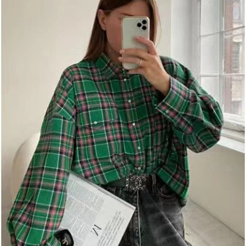 2024 Spring and Autumn Amazon OZON Cross-border Retro Style All-match Loose Shirt * Fashion All-match Plaid Shirt Women