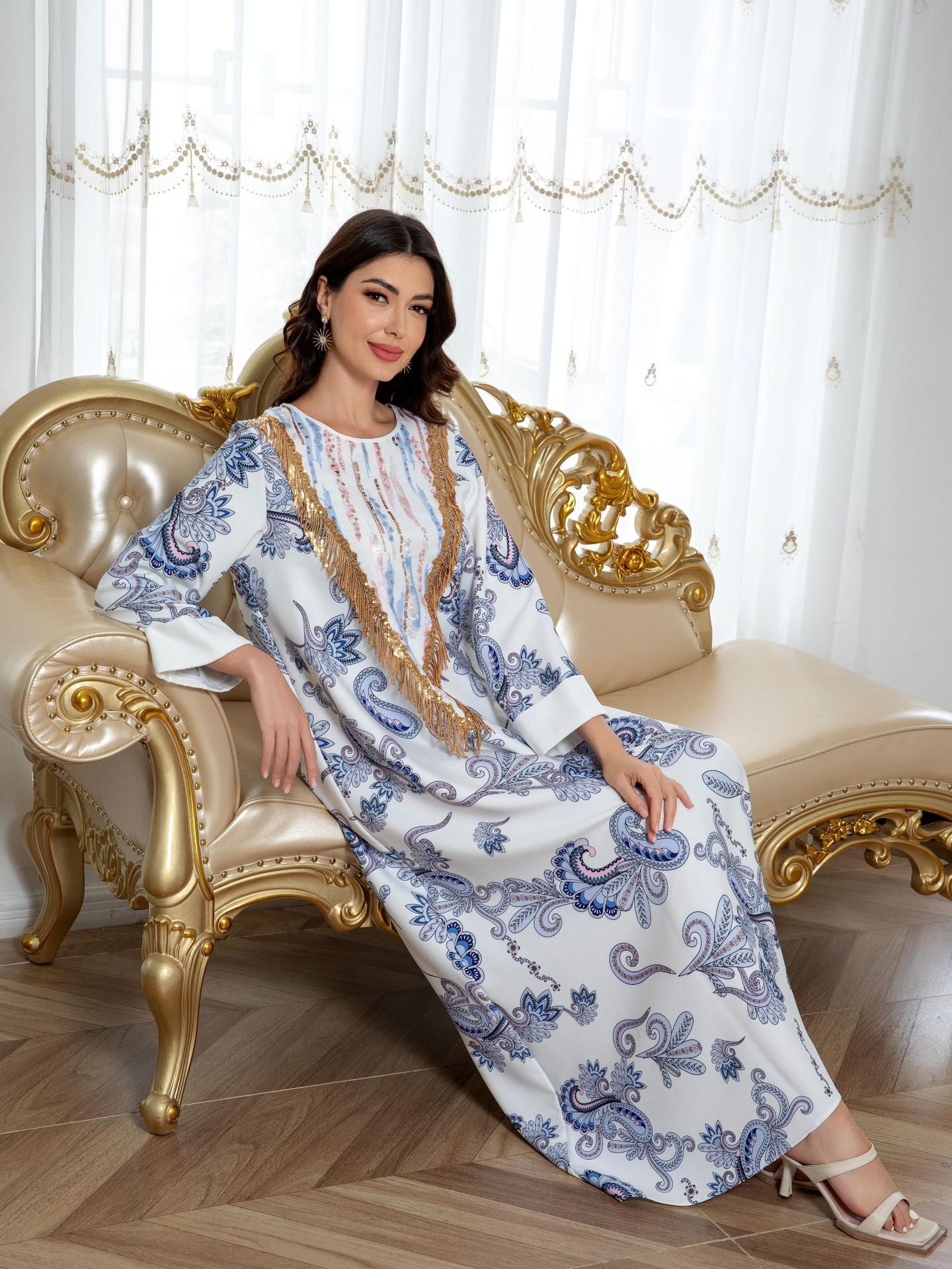 Sw0821 Amazon Women's Printed Robe Evening Dress European and American Cross-Border Dress Wholesale Long