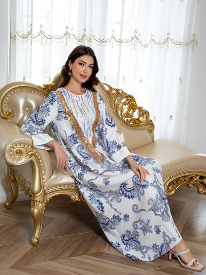 Sw0821 Amazon Women's Printed Robe Evening Dress European and American Cross-Border Dress Wholesale Long