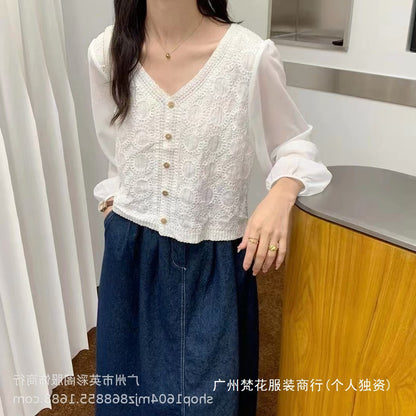 Spring and Summer All-match Sunscreen Stitching Chiffon Cardigan Long-sleeved Puff-sleeved Women's Niche Top Loose Western-style Coat