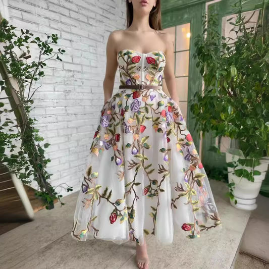 2025 Cross-Border New European and American Clothing Dress One-Shoulder Tube Top Embroidered Elegant Slim Mesh Long Skirt