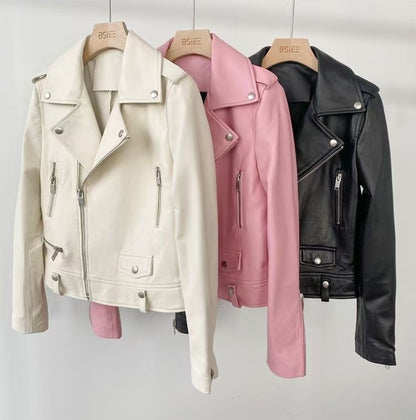 2025 Spring and Autumn New Korean Style Short Women's Pu Women's Large Size Leather Jacket Slim Motorcycle Jacket Small Leather Jacket