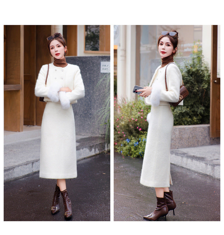 2024 Winter New Style Liner White Duck Down Jacket Real Hair Chanel Style suit Women's Light Luxury Socialite Skirt Two-piece Set