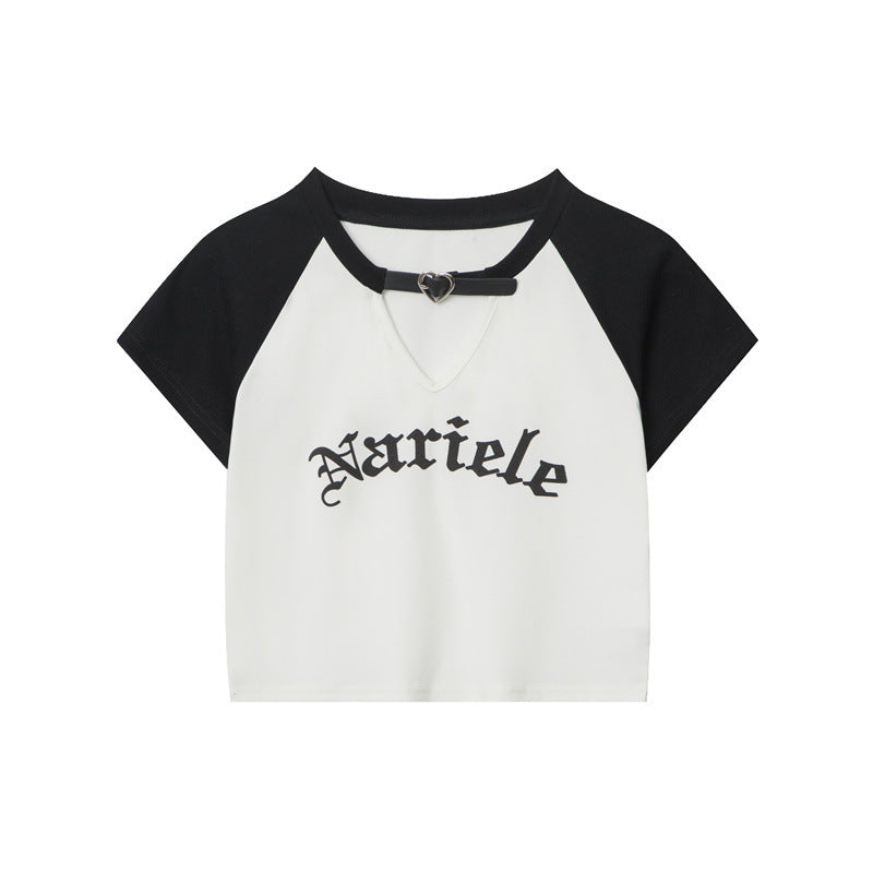 HeyHenry European and American Spice Girls Fashion Hollow Design Letter Print Contrast Color Short-sleeved T-shirt Women's Navel Top